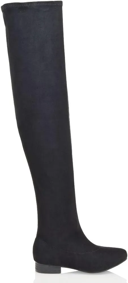 Womens Thigh High Stretch Calf Leg Faux Suede Flat Heel Over The Knee Boots