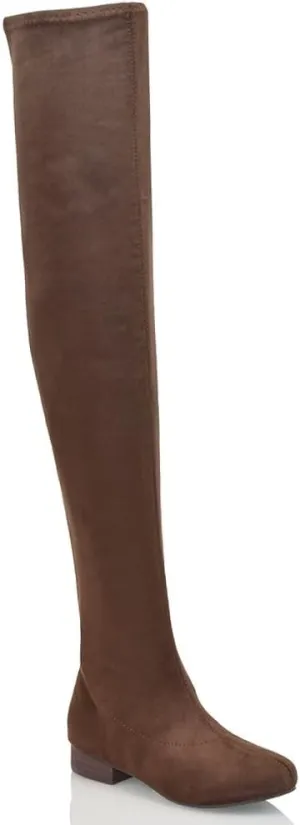 Womens Thigh High Stretch Calf Leg Faux Suede Flat Heel Over The Knee Boots