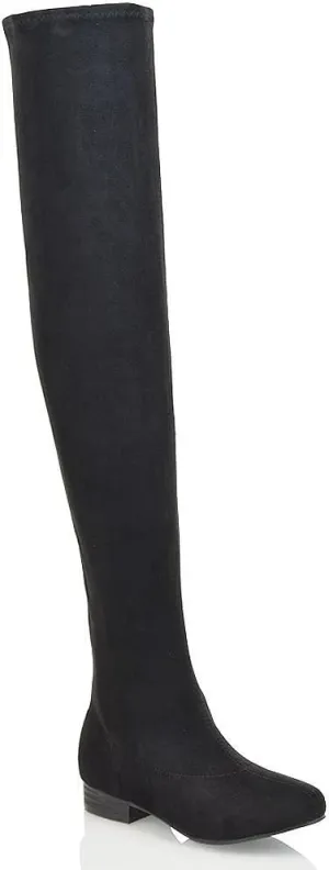Womens Thigh High Stretch Calf Leg Faux Suede Flat Heel Over The Knee Boots