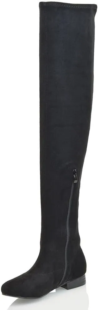 Womens Thigh High Stretch Calf Leg Faux Suede Flat Heel Over The Knee Boots