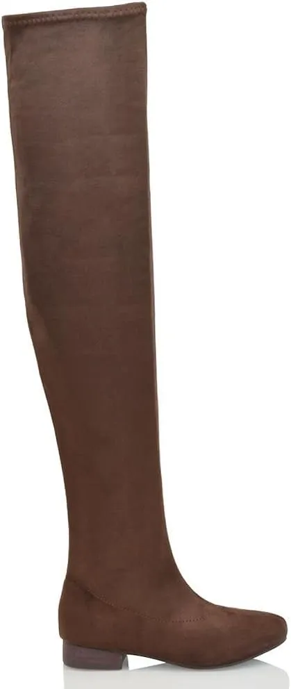 Womens Thigh High Stretch Calf Leg Faux Suede Flat Heel Over The Knee Boots