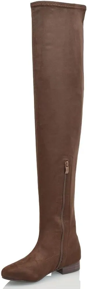 Womens Thigh High Stretch Calf Leg Faux Suede Flat Heel Over The Knee Boots