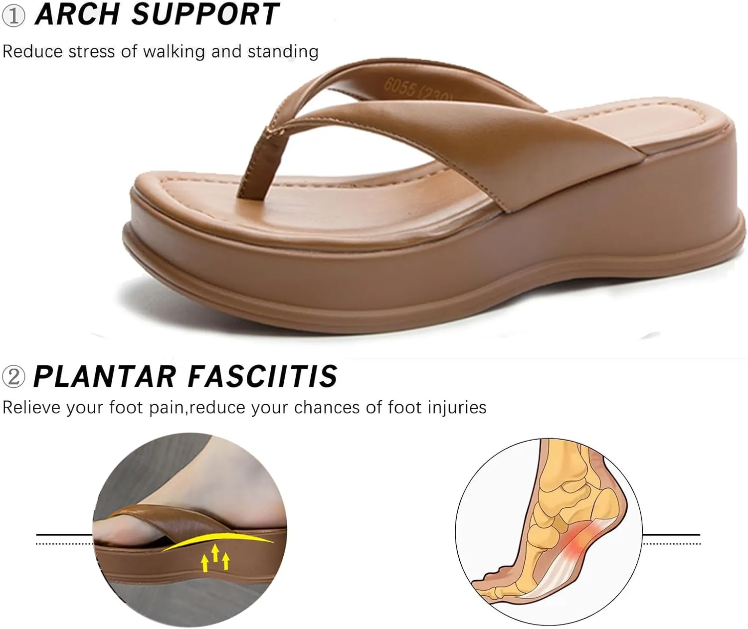 Women's Wedges Platform Orthotic Flip Flops Comfort Arch Support Slip on Wedge Plantar Fasciitis Thong Sandals Soft Yoga Mat EVA Sole Outdoor Beach Home Cushion Slippers