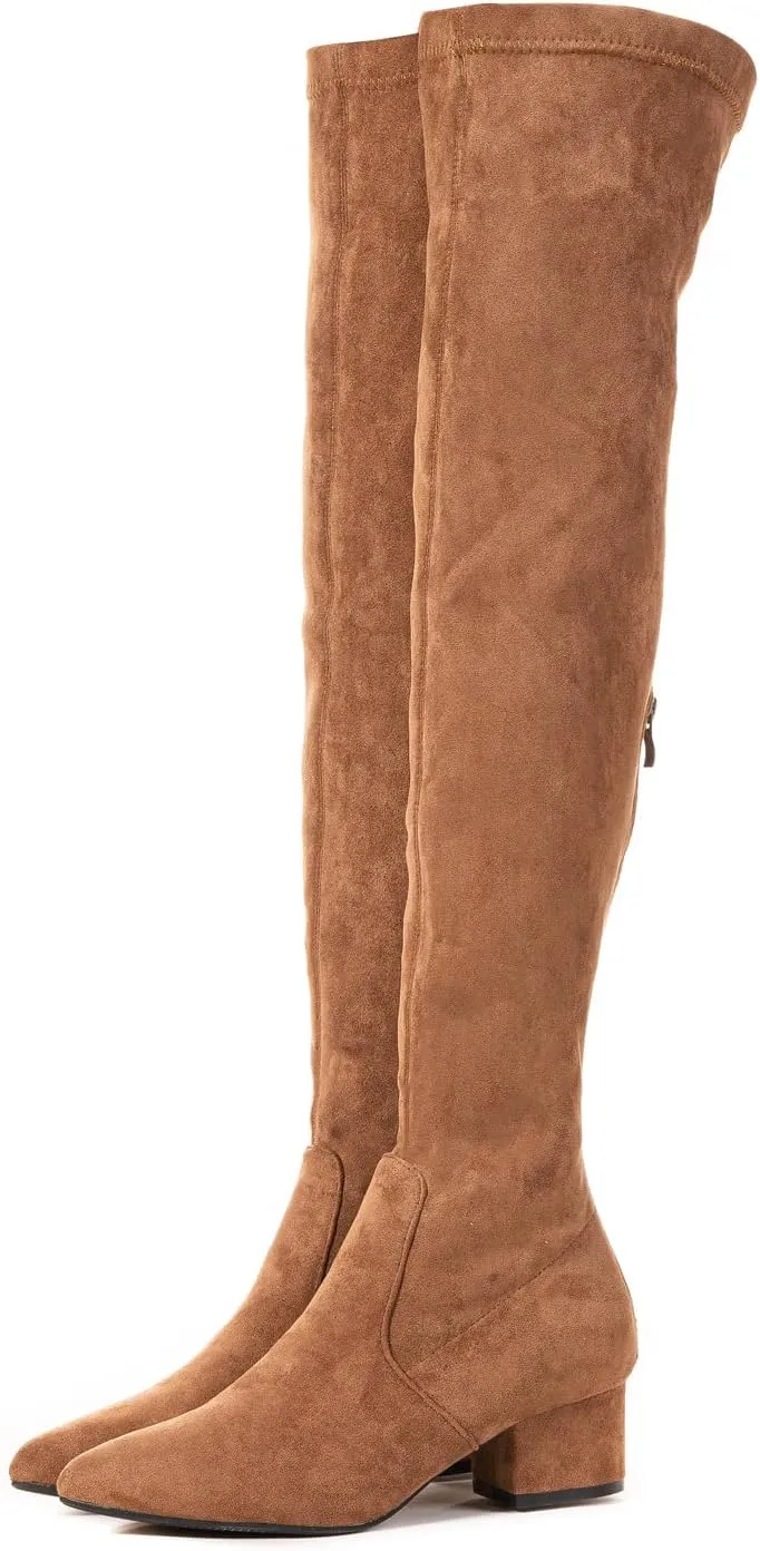 YANWENFANG Women Thigh High Over The Knee Boots Stretch Suede Chunky Heel