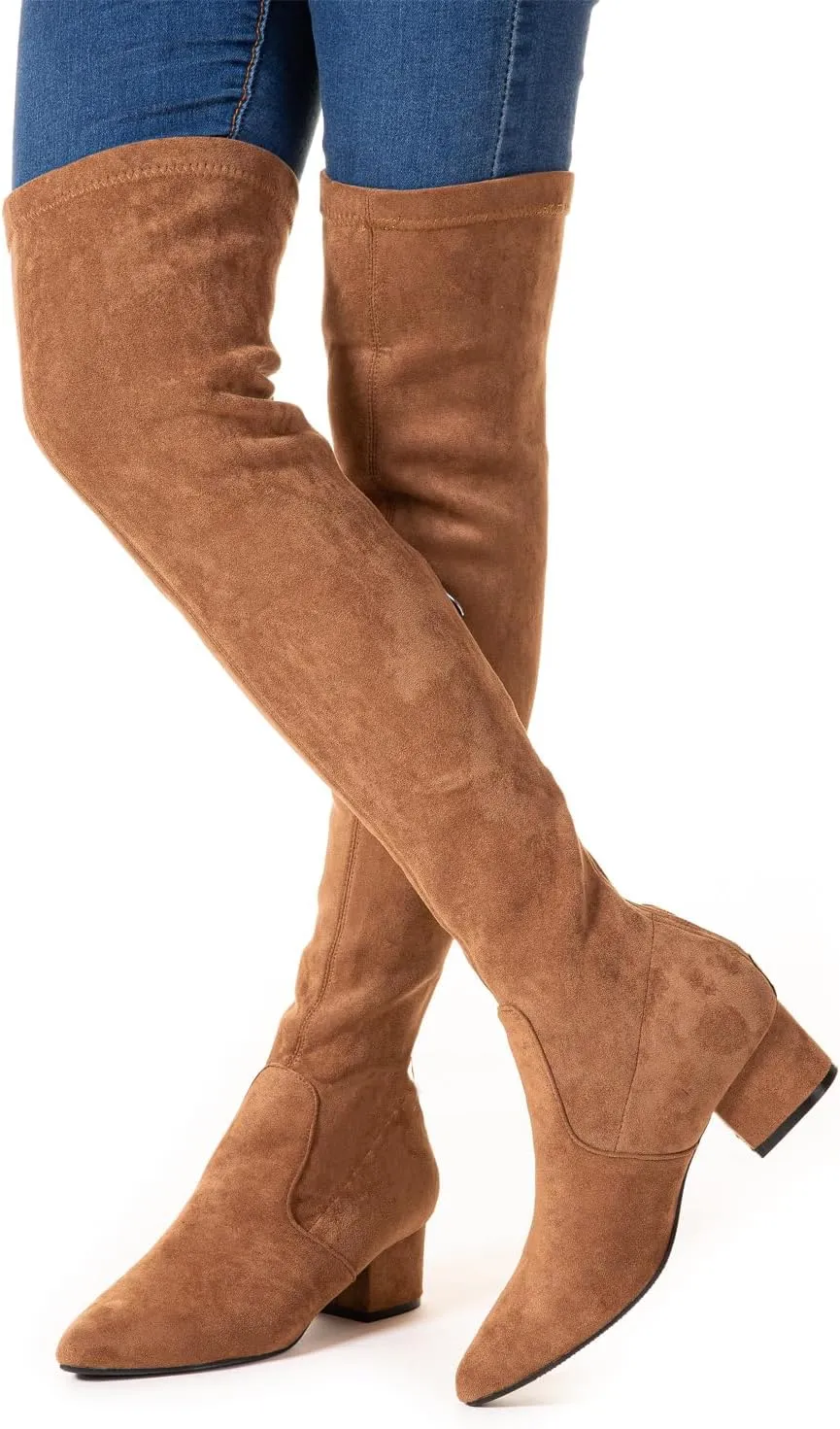 YANWENFANG Women Thigh High Over The Knee Boots Stretch Suede Chunky Heel