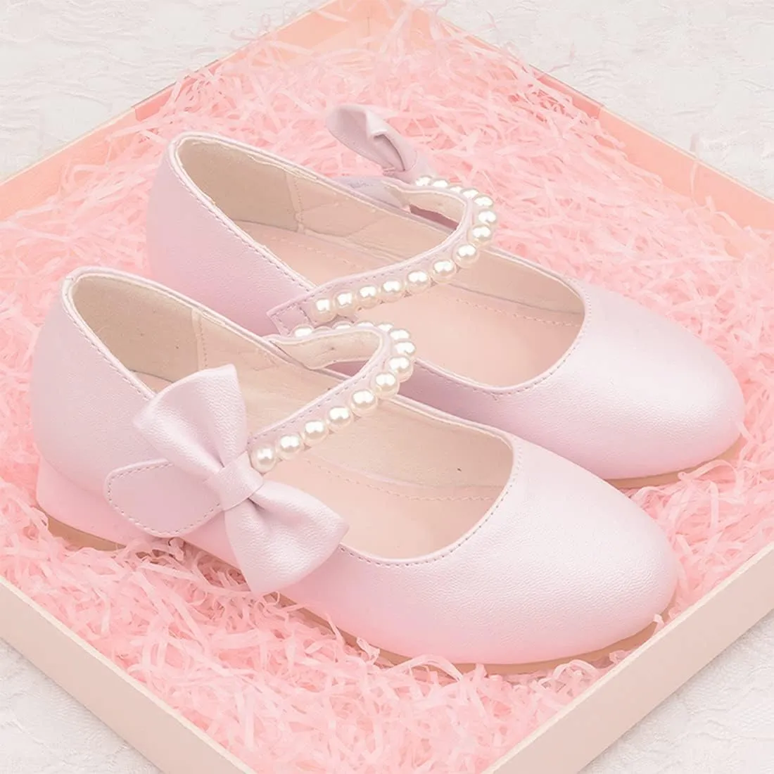 YIBLBOX Girl's Mary Jane Dress Shoes Low High Simple Casual Ballet Flats with Pearl Dance Shoes for Kids Toddler