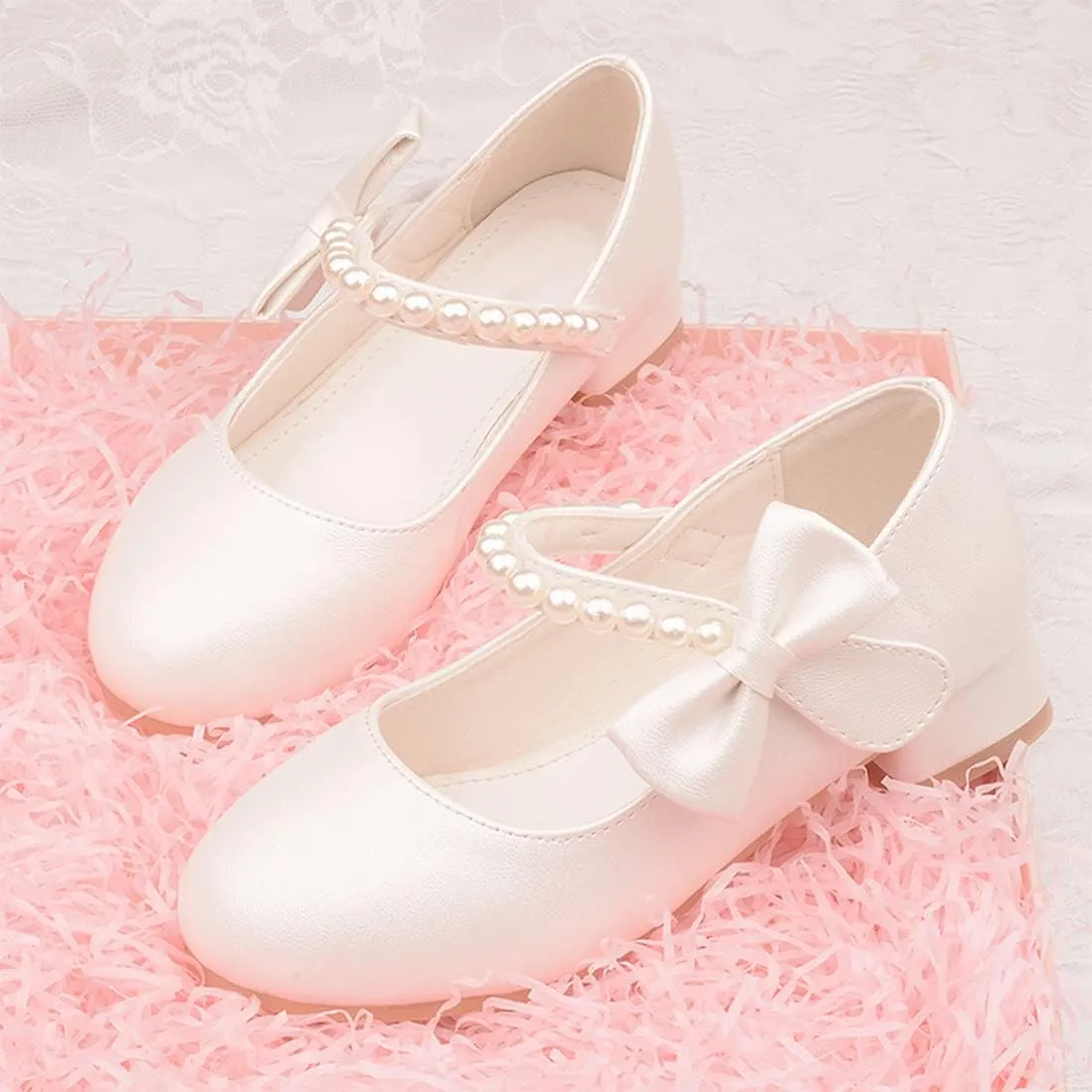 YIBLBOX Girl's Mary Jane Dress Shoes Low High Simple Casual Ballet Flats with Pearl Dance Shoes for Kids Toddler